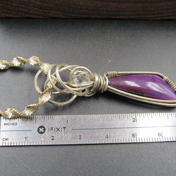 18" Sterling Silver Hand Wrapped Quartz & Purple Stone Necklace Vintage - Picture 5 of 6